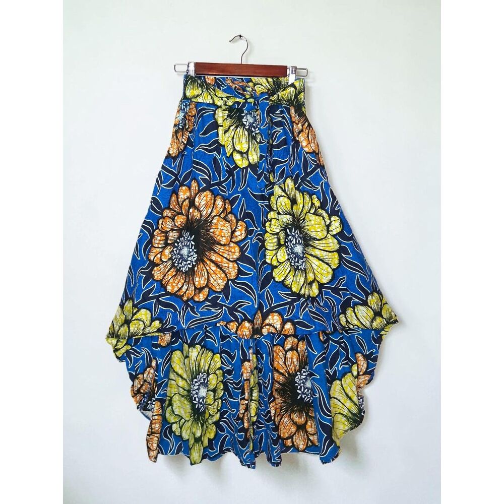 NF Blue & Yellow Floral African Wax Print High-Low Midi Skirt Size L